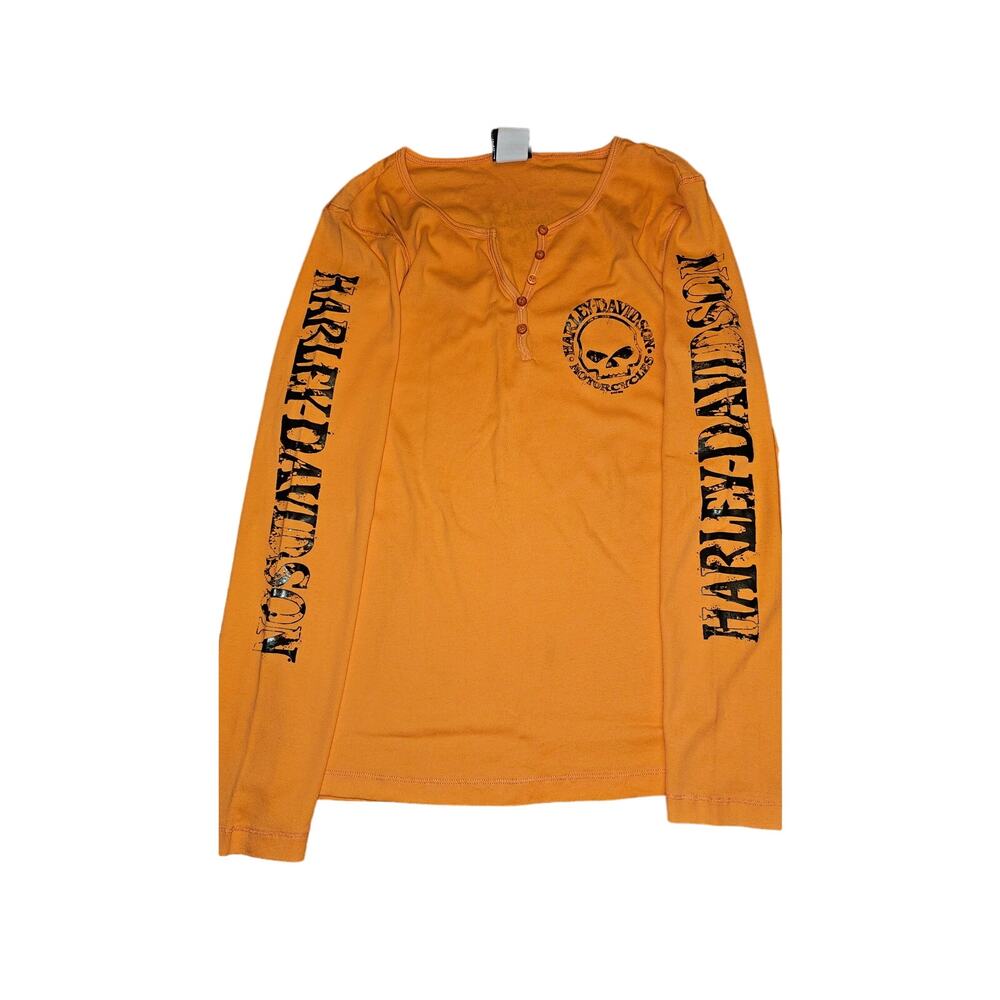 Orange & black super soft Harley Davidson neck button‎ up size Large long sleeve